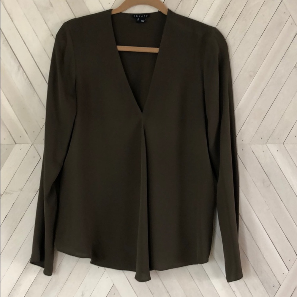 Theory Army Green Silk Blouse